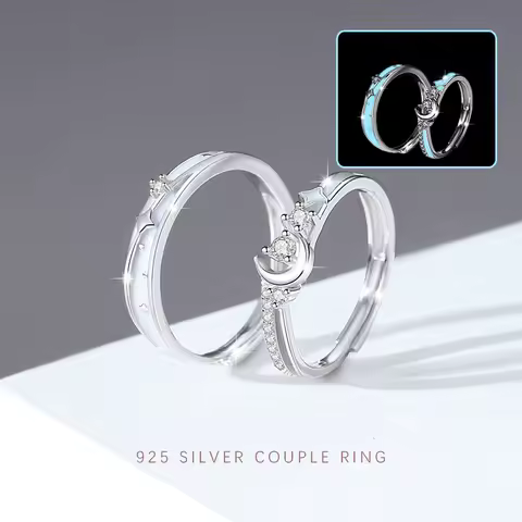 2pcs/set European 100% S925 Sterling silver AAA CZ Star Moon Noctilucent Couple Ring For Women Men Birthday Valentine's Jewelry