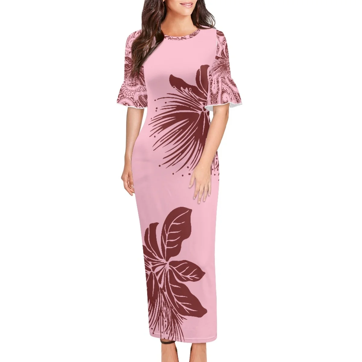 Summer Elegant Evening Party Dresses Polynesian Tribal Clothing Samoa Hawaii Lehua Print Islander Women Bodycon Petals Sleeves