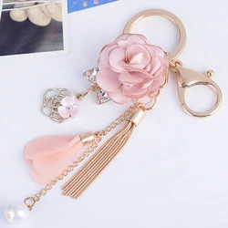 Ins Trendy Cloth Flower Keychain for Women Girls Romantic Pearl Tassel Floral Pendant Handbag Ornament Car Accessories Gifts