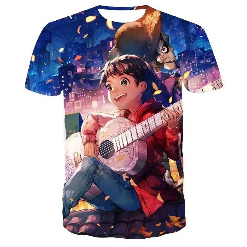 ديزني الرسوم المتحركة فيلم كوكو ثلاثية الأبعاد تي شيرت مطبوع الرجال قصيرة الأكمام تي شيرت الكرتون تي شيرت عادية Harajuku الشارع تي شيرت كامل