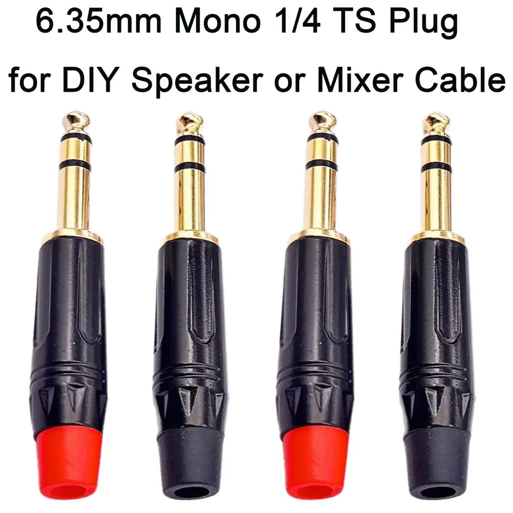 4PCS 6.35mm Jack Connector TRS 1/4 Inch Mono Solder Type Gold Plated Copper Plug for Guitar Speaker Mixer Audio Equipment
