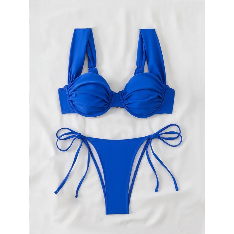 

Fashion Sexy Solid Split Swimsuit Women Micro Bikini Ruched Lace Up Mini Thong Bikini Set Beach Vacation Pool Party Bathing Suit