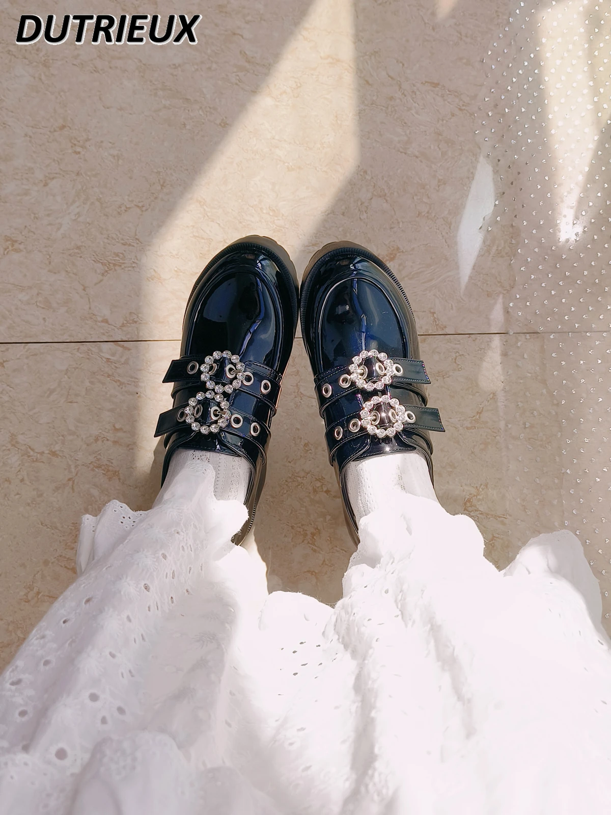 

Japanese Mine Soft Girl JK Sweet Thick Bottom Heels Shoes All-Match Rhinestone College Buckle Black Muffin Chunky Heel Pumps