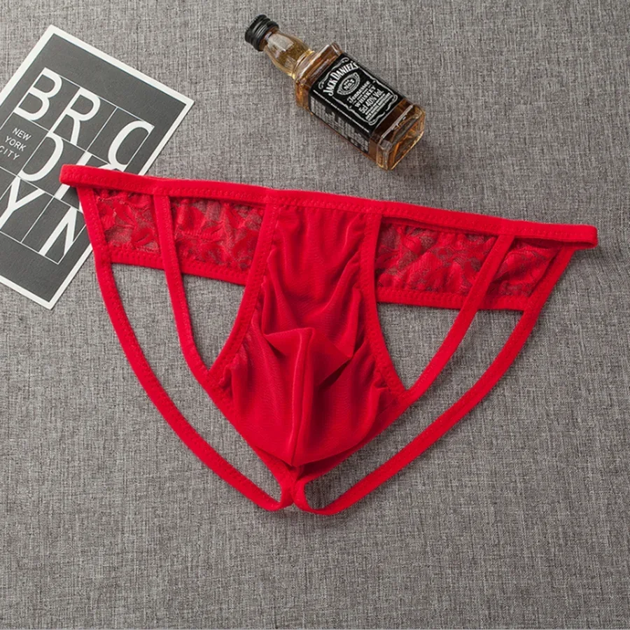 الرجال مثير تفريغ الدانتيل الأرداف ثونغ الملابس الداخلية سيسي مثلي الجنس U الحقيبة ملخصات شفافة بيكيني السروال