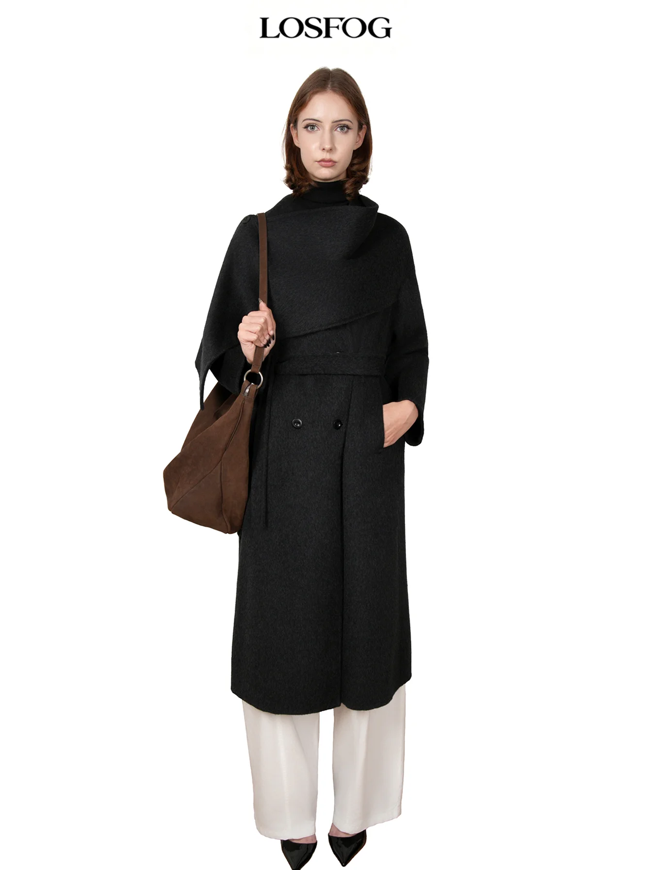 Women's Long Wool Coat with Wrap-Around Asymmetrical Collar and Belt, Double-Breasted Coat, Autumn and Winter Elegant