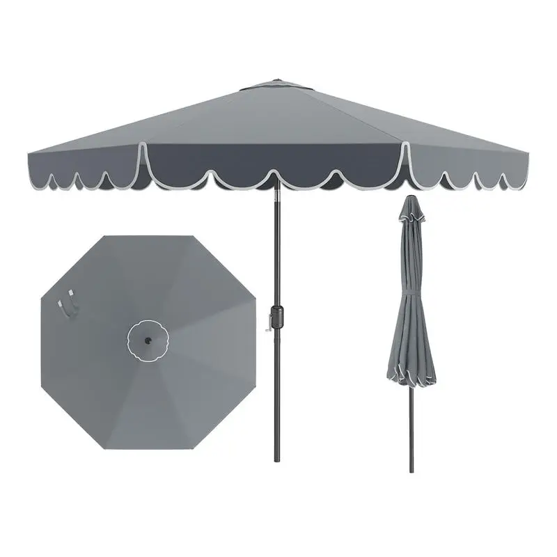 10 Ft Patio Umbrella, Outdoor Market Umbrella With Polyester Canopy, Ruffled Edge And Air Vent, Crank Tilt Adjustment, 8 Metal Ribs For Patio Pool Restaurant, Gray