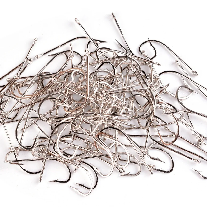 100pcs Silver Hooks High Carbon Steel Big Long Shank Fishing Hooks Sea Pint Hook Fishhook Set with Eyes Barb Fishing Accessories