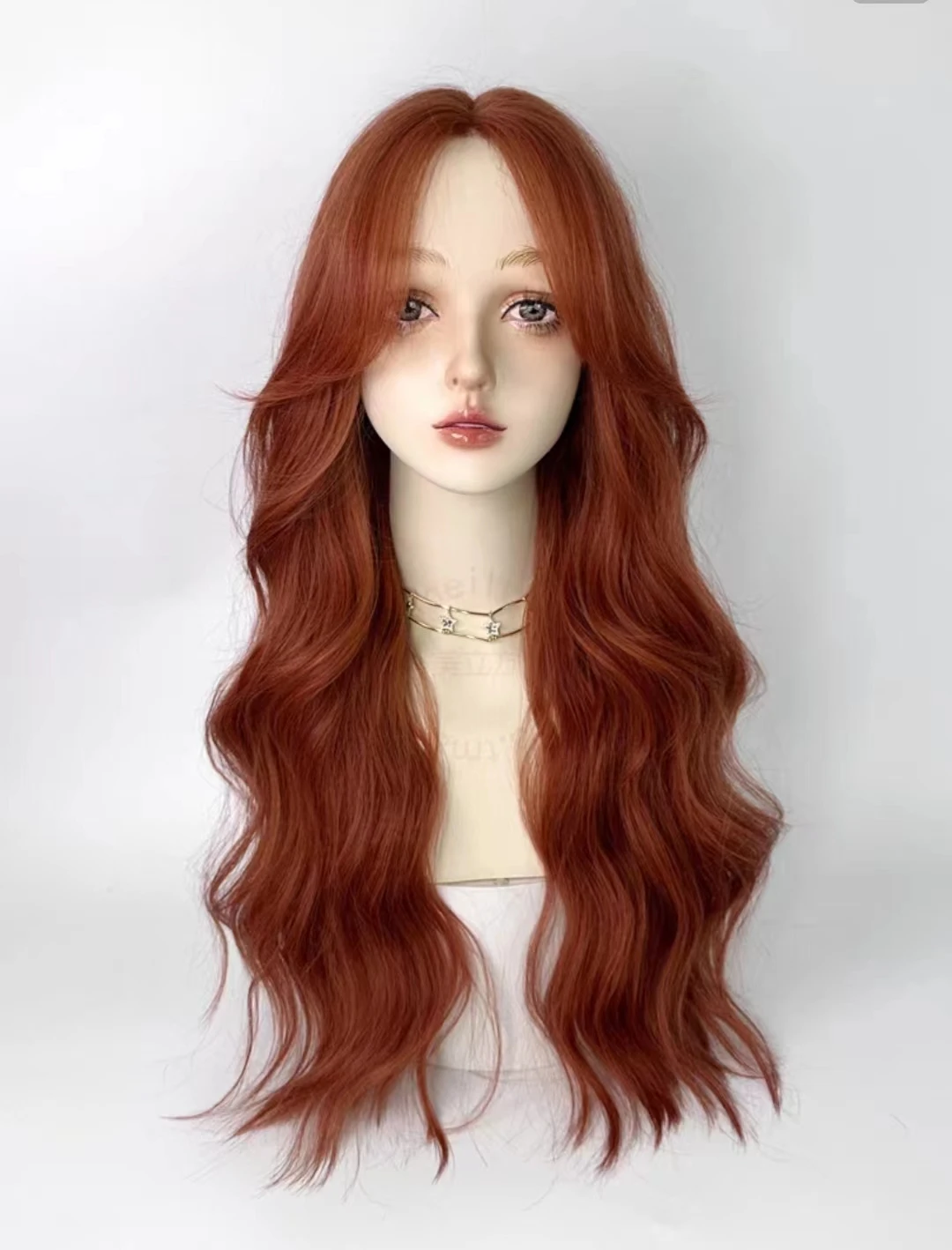 Orange Brown Large Wavy Long Curly Wig Hand Woven Lace Hair Net Breathable Natural