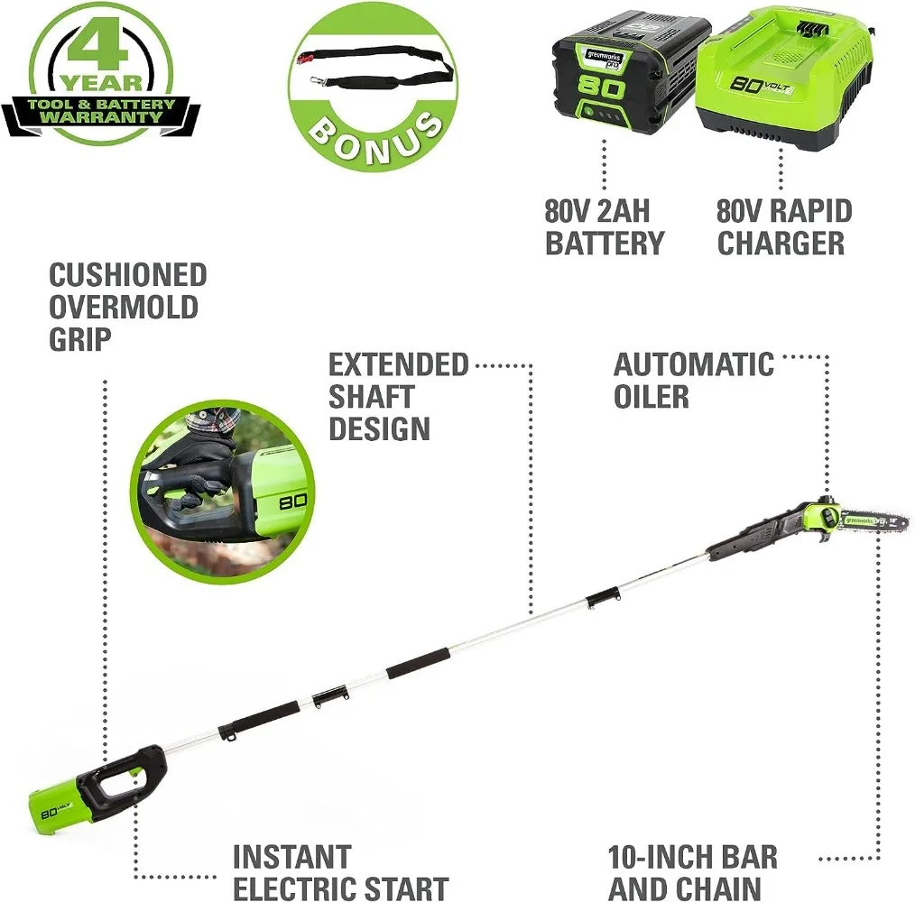 Greenworks Pro 80V 10 inch Brushless Cordless Polesaw, 2Ah Battery and Charger Included PS80L210