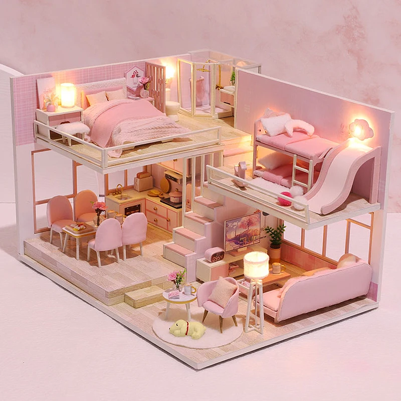 DIY Wooden Doll House Handmade Duplex Apartment Production 3D Puzzle Assembly Building Duplex Apartment Model Toy Birthday Gifts