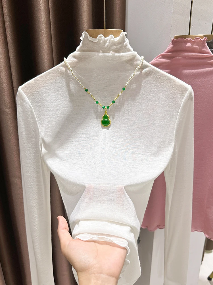 

Женская облегающая футболка из шелковой смеси с высоким воротником и длинным рукавом, весна-осень, новинка