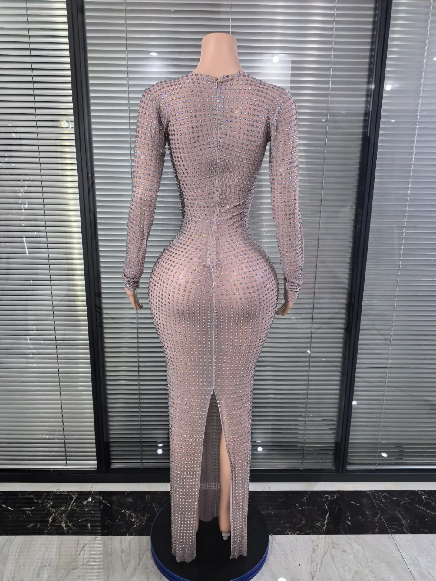 ساطع الراين شبكة انظر من خلال Bodycon فستان طويل المرأة طويلة الأكمام مثير حفلة عيد ميلاد احتفال فستان كوكتيل Vestidos
