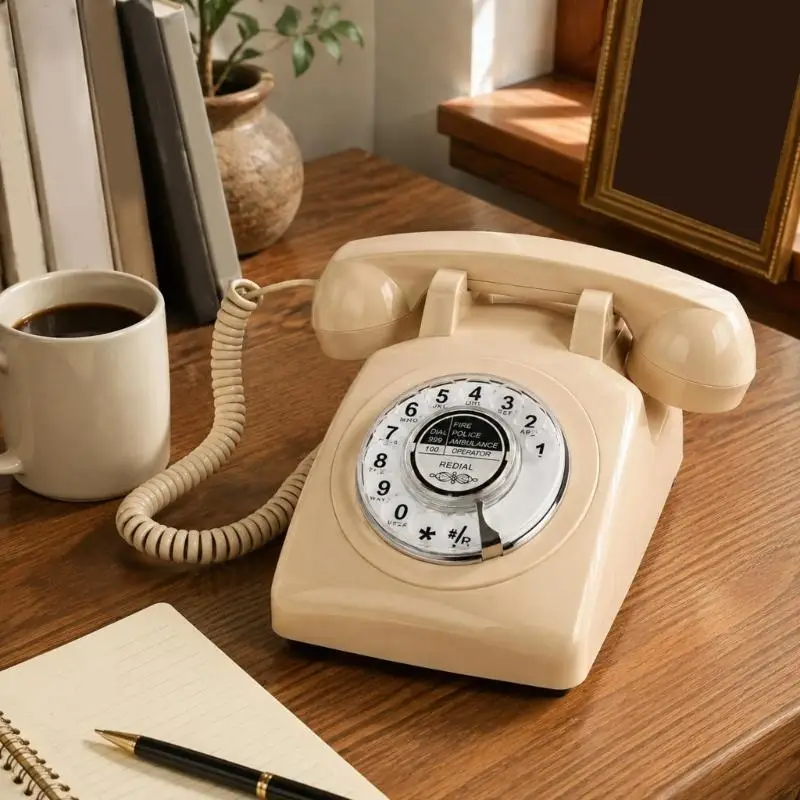 Corded Telephone with Turning Number Wheel, Coiled Handset Cable for Home, Office, or Reception Calls Fixed Phone D2RC