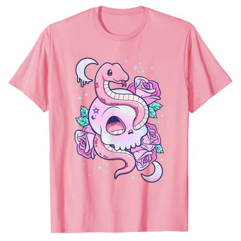 Kawaii Pastel Goth Creepy Witchy Cat and Skull T-Shirt, Cartoon, Creepy-Skull, Serpette, Salle Trash Shirts, 3 Head Dog Clothes, Cute