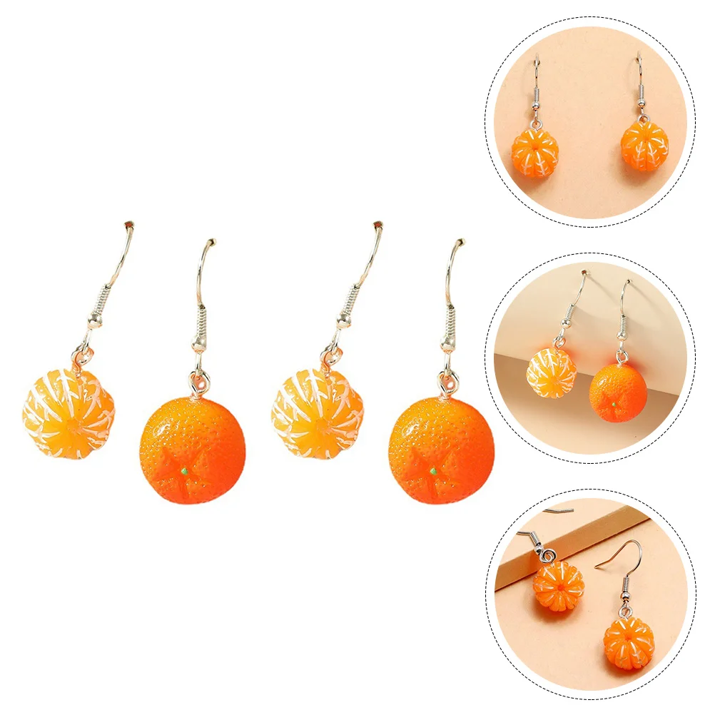 2 Pairs Orange Earrings Resin Fruit Oranges Shaped Dangle Mandarin Simulated Jewelry Modeling