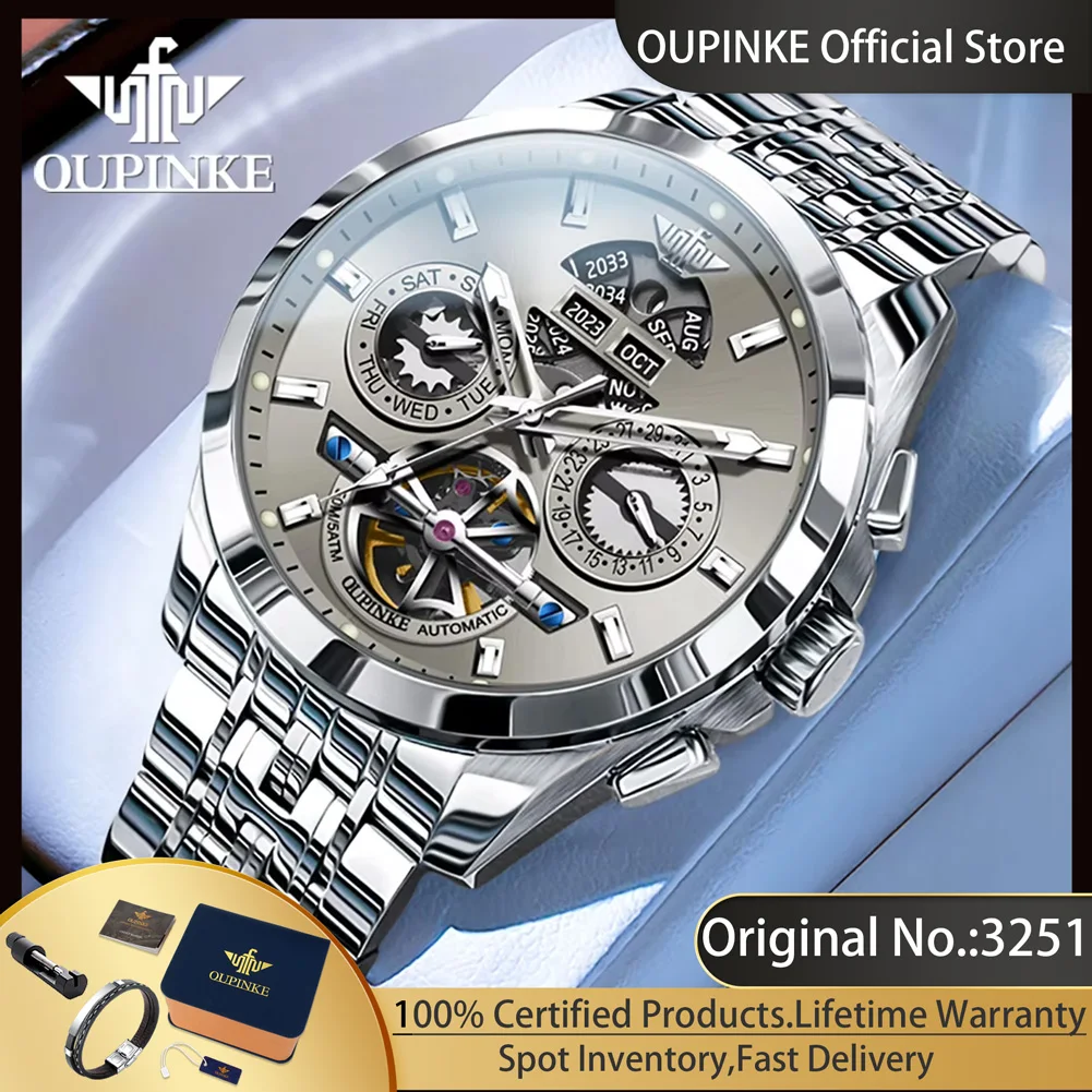 

OUPINKE 3251 Skeleton Flywheel Automatic Watch for Men Stainless Steel Waterproof Wristwatch Luxury Sapphire Mirror Men's Watch