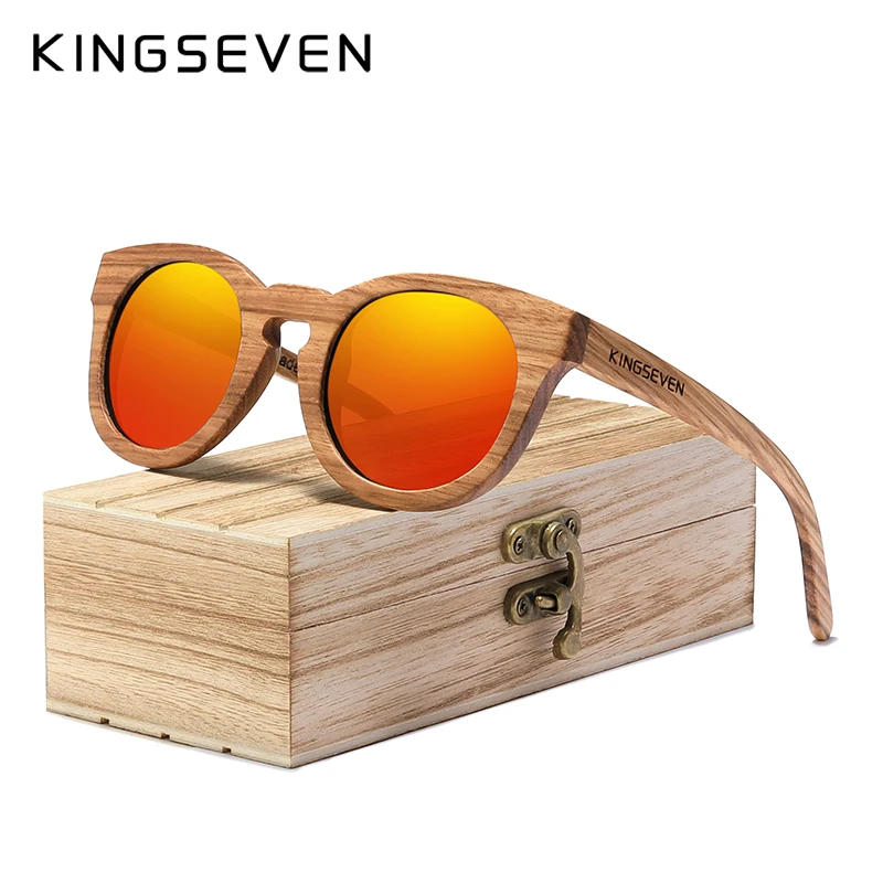 KINGSEVEN Handmade uv400 New Sunglasses Full Frame Natural Wood Polarized Mirror Coating Lenses Carving Eyewear Accessories