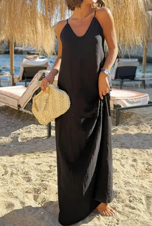 

Urban Womens Dresses 2025 Summer Solid Color Backless Suspender Loose V-Neck Camisole Dress Sexy Cross Backless Loose Long Dress