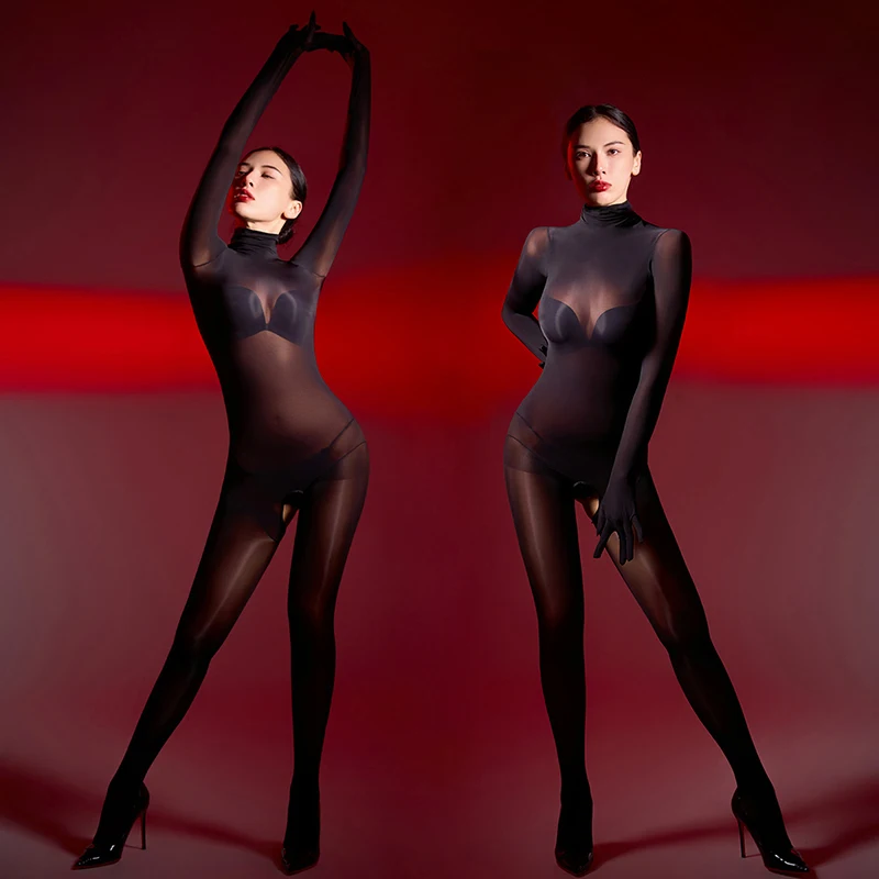 

Women Sexy Underwear 5D Ultrathin Oil Glossy Tights Bodysuit High Collar Back Hollow 5 Finger Gloves Open Crotch Bodystocking