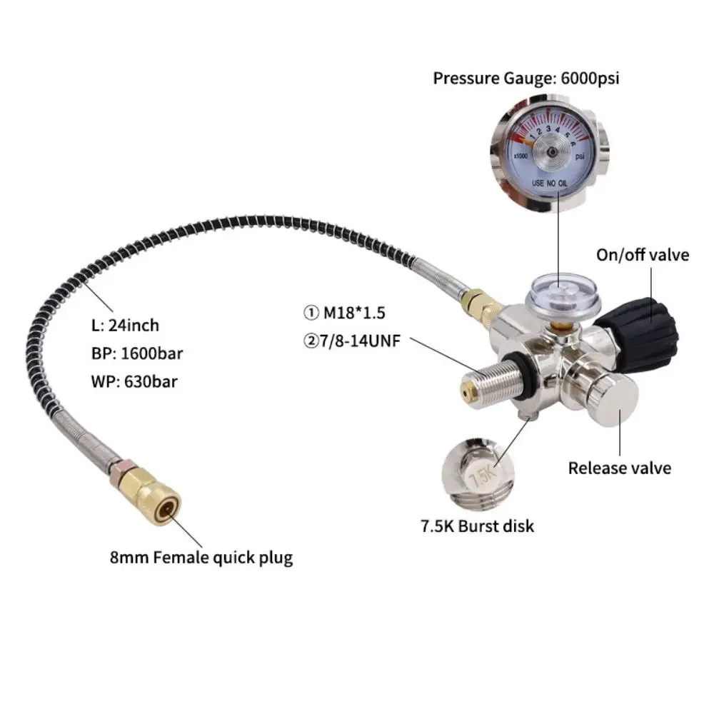 TUXING 6000PSI High Pressure Regulated Charging Valve with Fluorescent Pressure Gauge Output Refill Adapter Station for Diving