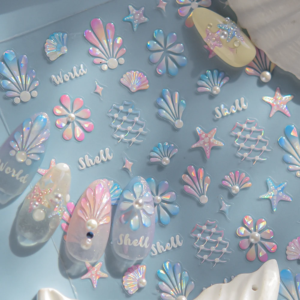 Shells Fishing Nets Starfish Scallops Coral Conch Goldfish Pearls 5D Nail Art Sticker Self Adhesive Decoration Manicure Decals