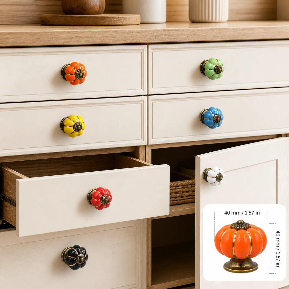 New Pumpkin Shape Cabinet Handles Single Hole Colorful Door Knobs Round Shape Decorative Drawer Pulls Kitchen Cabinets