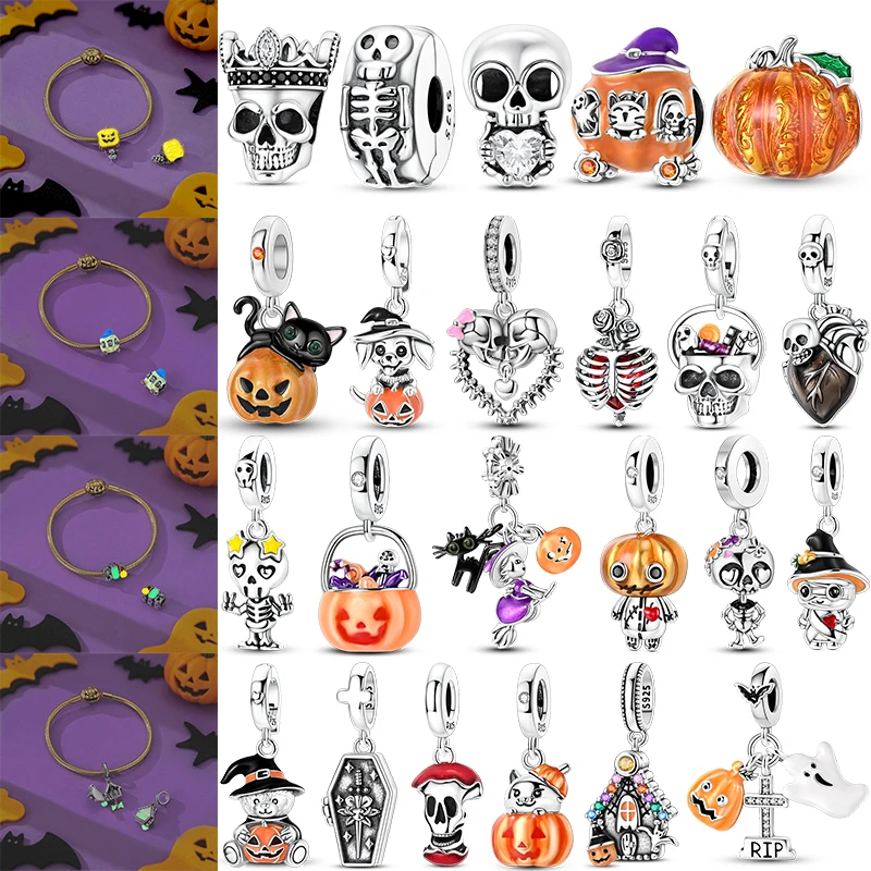 2026 New Halloween Charm 925 Sterling Silver Pumpkin Skull Witch Bead Pendant Fit European Style Bracelet DIY Women Jewelry Gift