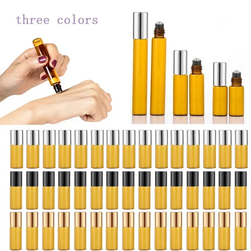 

50Pcs Empty Amber Roll On Glass Bottles 1ml-10ml Portable Travel Perfume Container Refillable Liquid Container For essential oil