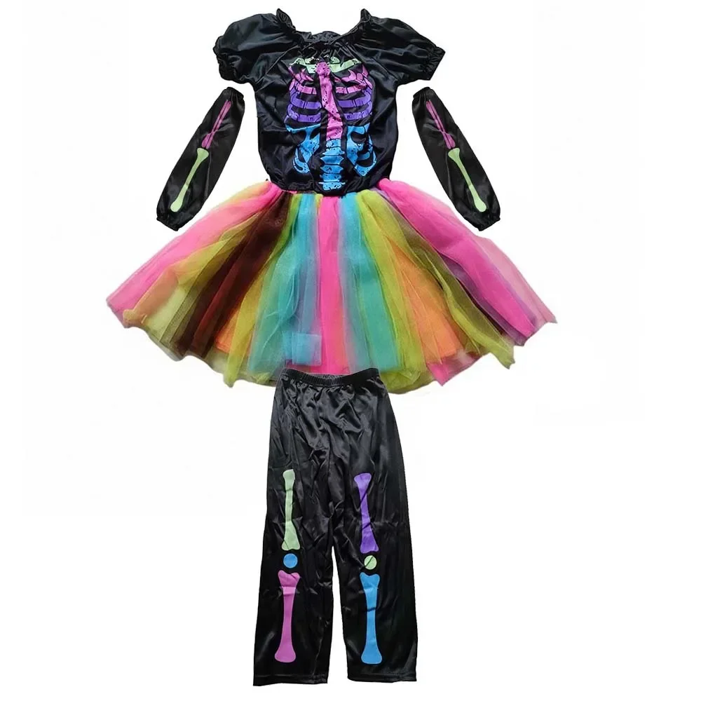 2026 Mädchen Skelett-Rose Punk Cosplay Kleid mit Hose Set Knochen-Print Kinder-Outfit für Halloween Bühnenparty Verkleidungskostüm – Detail 4