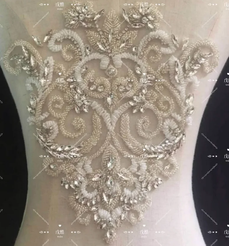 Hand-embroidered beaded beaded double beaded lace applique wedding dress skirt performance clothes children's wear diamond.