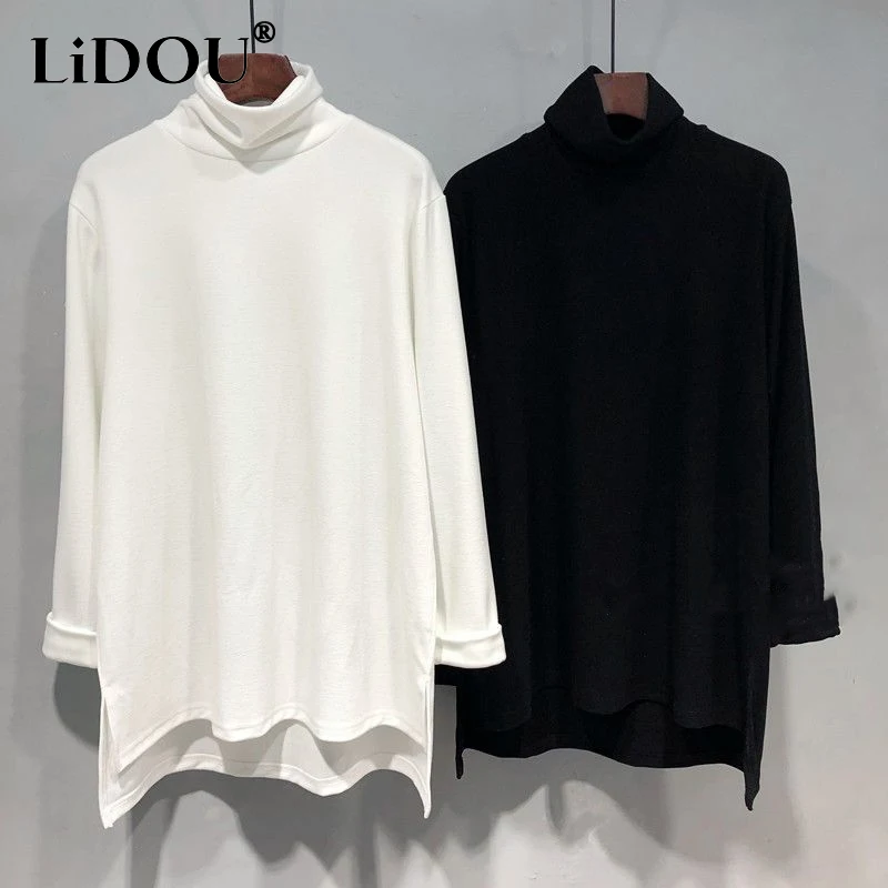 Autumn Winter Solid Color Fashion Long Sleeve T-shirt Women High Street Casual All-match Pullovers Mid-length Plus Velvet Tops