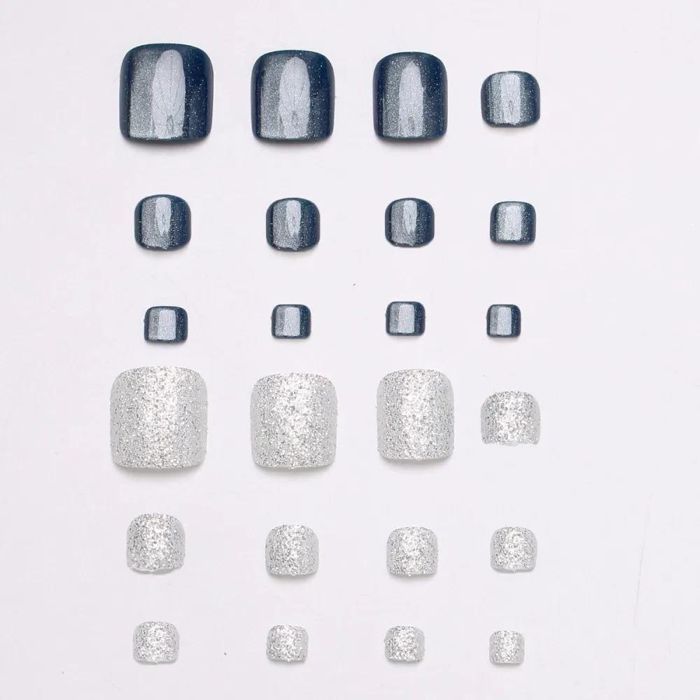 24PCS Ocean Blue Cat Eye Toenails Silver Glitter Press On Toe Nails Dark Magnetic Glossy Square Short False Foot Nails Beach view 5