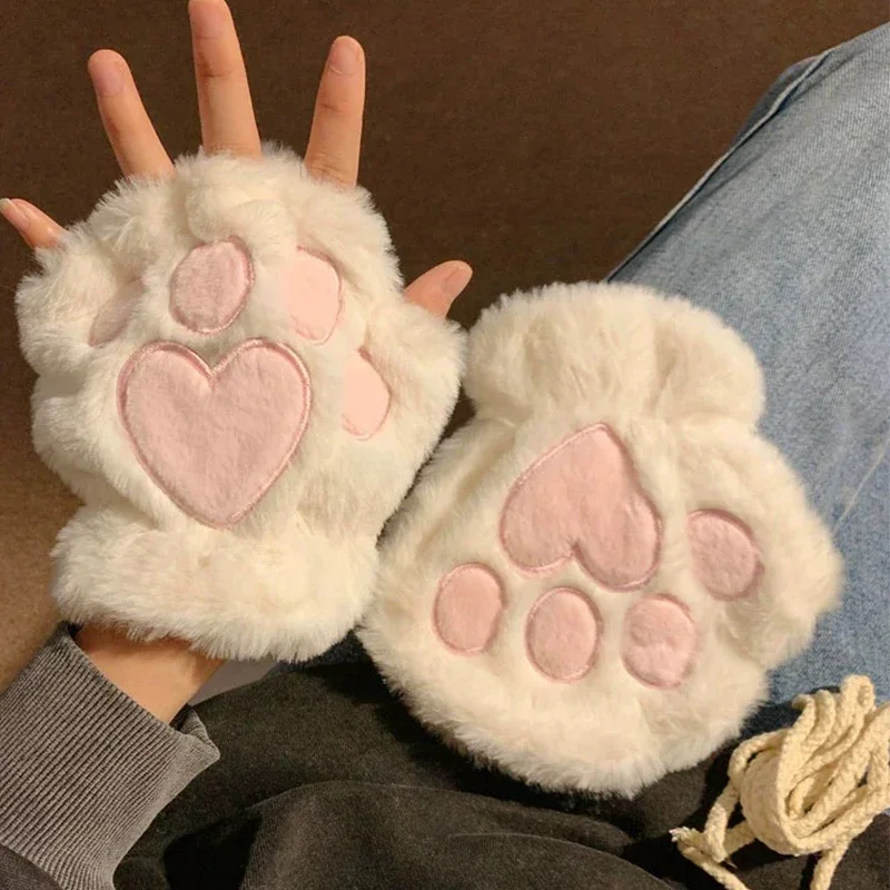 Cartoon Cute Cat Claw Paw Gloves Women Plush Mittens Warm Soft Plush Short Fingerless Fluffy Bear Cat Gloves Costume Half Finger