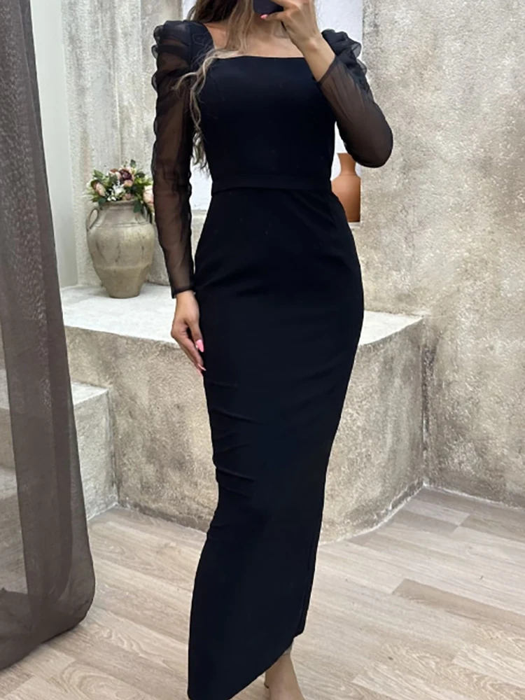 D​rauuing Elegant Party Dresses Women Skinny Mesh Long Sleeve Square Neck Vintage Black Ankle Length Dresses Women Autumn New