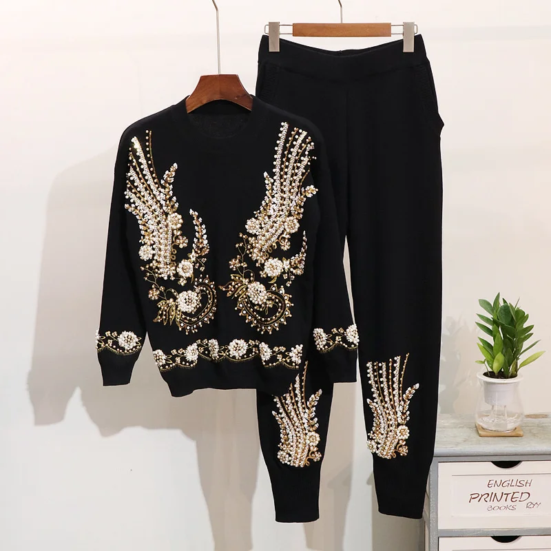 

Casual Sports Knitted Tracksuit Women Beading Sequins Embroidery Flower Sweater Pants 2 Piece Set Female Loose Knitting Suit 2pc