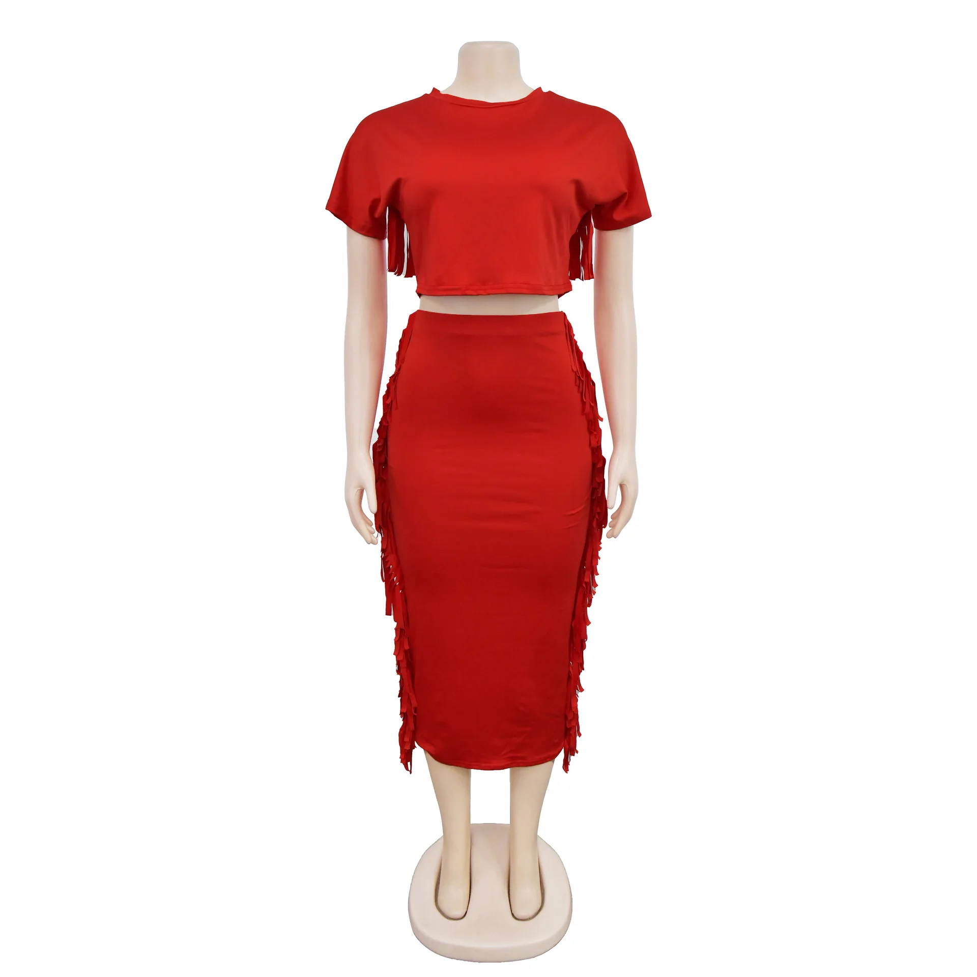 

Новая модная повседневная однотонная рубашка-футляр с коротким рукавом и круглым вырезом с кисточками + юбка до середины икры для женщин, 6 цветов