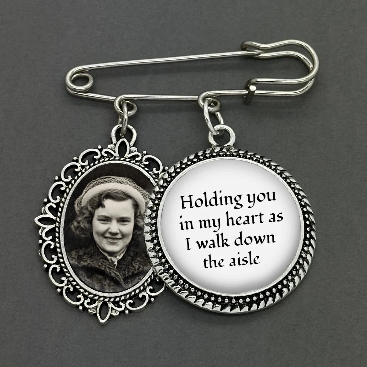 Silver Memorial Wedding Bouquet Pin, "Holding You in My Heart as I Walk Down the Aisle", Bridal Bouquet Charm Keepsake view 4