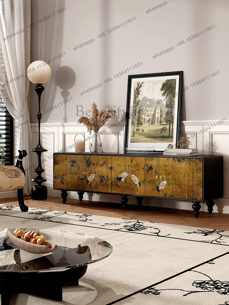 medieval crane all-solid wood TV cabinet household living room decorative storage cabinet