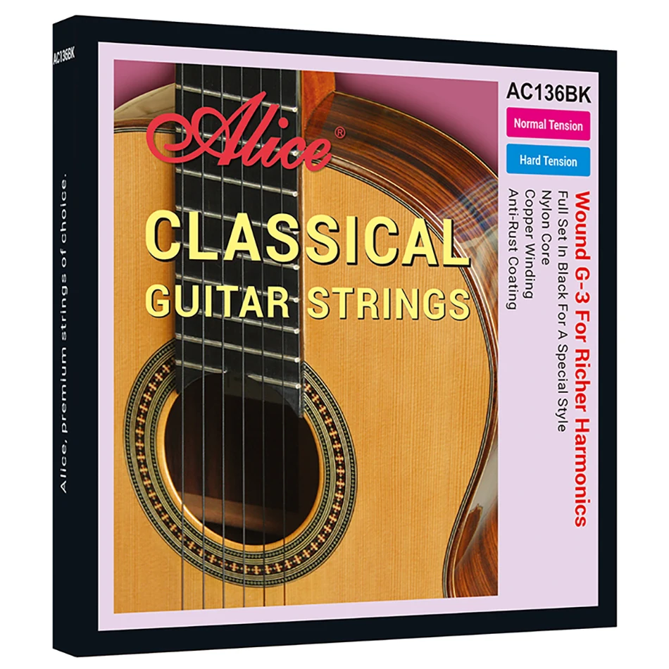 Alice AC136BK Classical Guitar Strings Black Nylon Plain String Anti-Rust Coating Copper Winding Normal/Hard Tension