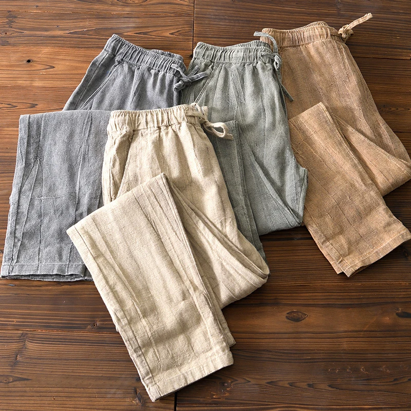 Pantalones largos rectos de lino y algodón para hombre, pantalón Vintage, informal, holgado, con múltiples bolsillos, talla grande, para primavera y