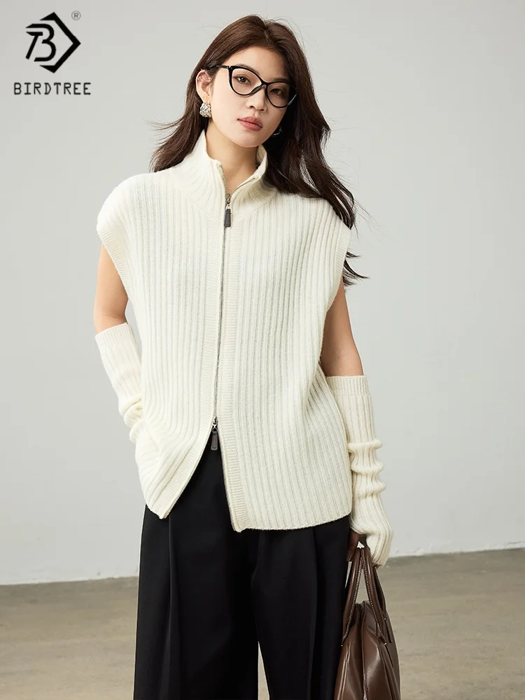 

Birdtree,100%Merino Wool Knitted Vest With Arm Sleeves,Woman Zipper Turtleneck Sweater,2025 Autumn Winter Loose CardiganT59011JF