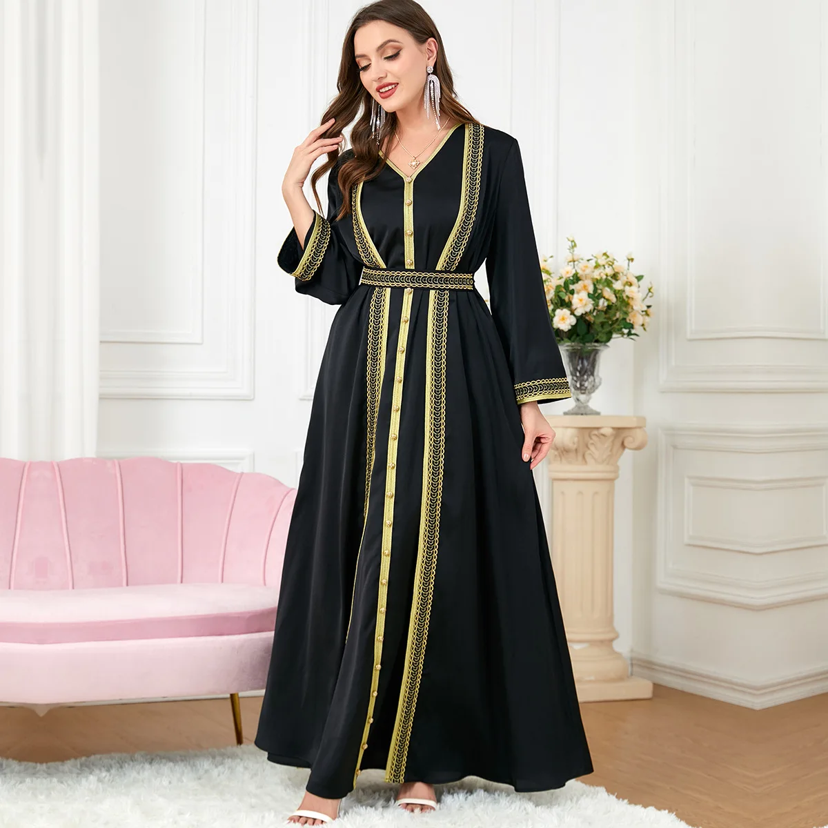 Eid Ramadan Morocco Muslim Women Dress Abaya 2 Piece Set Kaftan V-Neck Maxi Long Sleeve Arabic Turkey Dubai Luxury Evening Robe