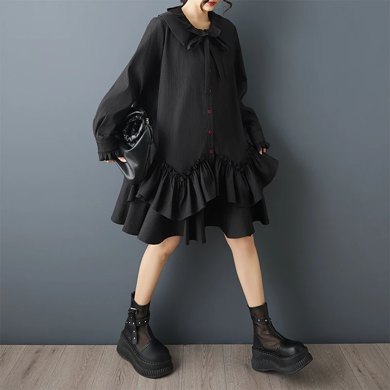 Loose Dark Design Double Layered Ruffle Sleeve Dress Women's plus Size Cotton Blend Button up Midi Dress Spring Summer 4