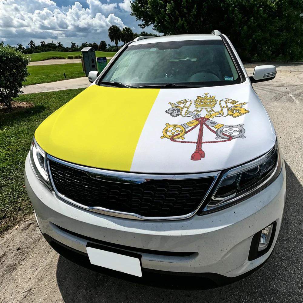 3.8x5.3ft Vatican Car Hood Cover Flag Car Bonnet Banner Elastic Fabrics Windproof Patriotic Automotive Hood Covers