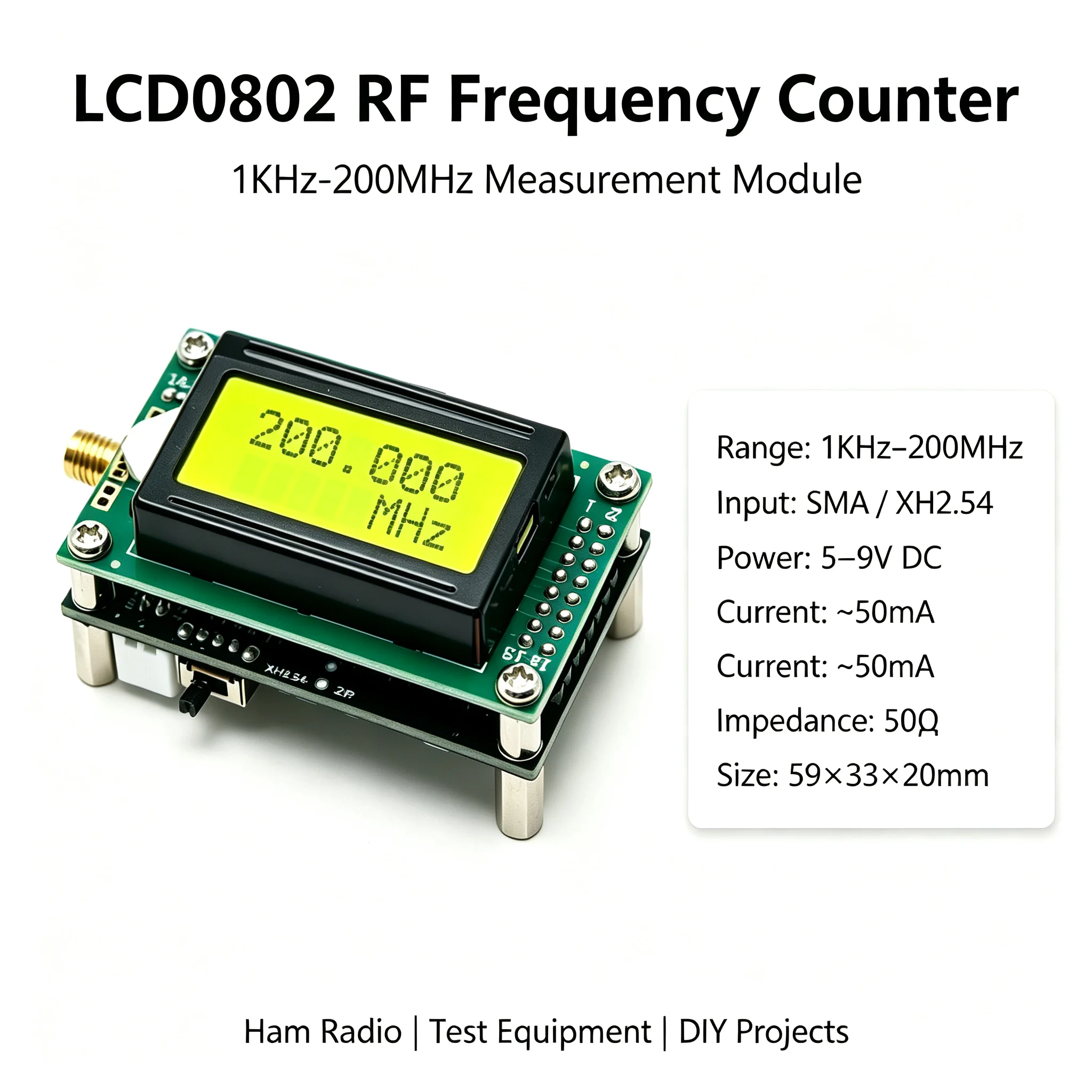 1kHz-200MHz Frequency Counter RF Frequency Meter LCD Display Digital Cymometer Module For Ham Radio Signal Measured AM SW FM MW