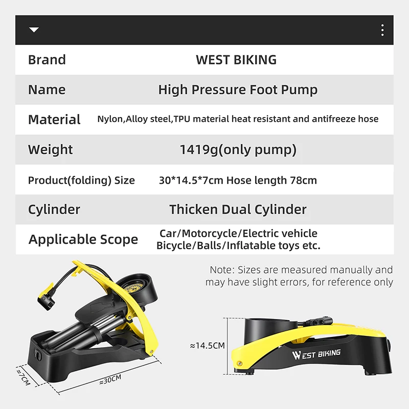 WEST BIKING 160PSI Hochdruck-Fußluftpumpe mit Manometer, robuste Fußfahrradpumpe für Fahrrad, Ball, Roller, Auto, Spielzeugpumpe