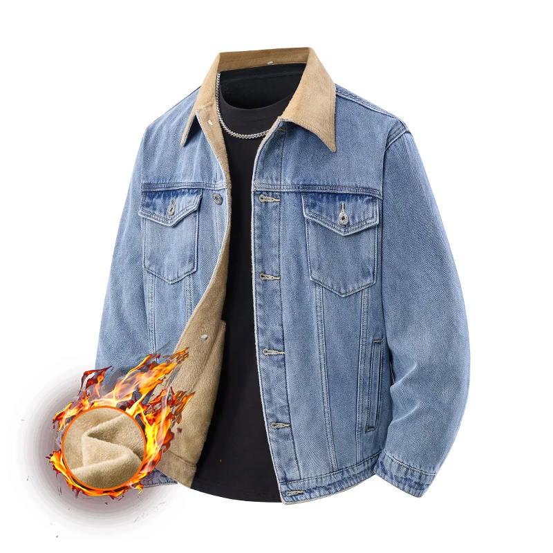 

Мужская зимняя классическая стильная толстая джинсовая куртка на флисовой подкладке, неэластичный повседневный топ в стиле ретро, универсальная утолщенная зимняя куртка