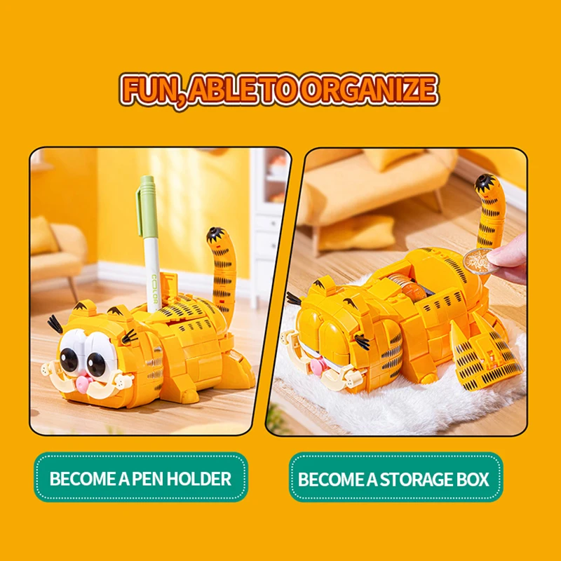 Garfield Pen Holder Building Blocks Classic Cartoon Anime Peripheral Desktop Decoration Ornaments Children DIY Toy Birthday Gift