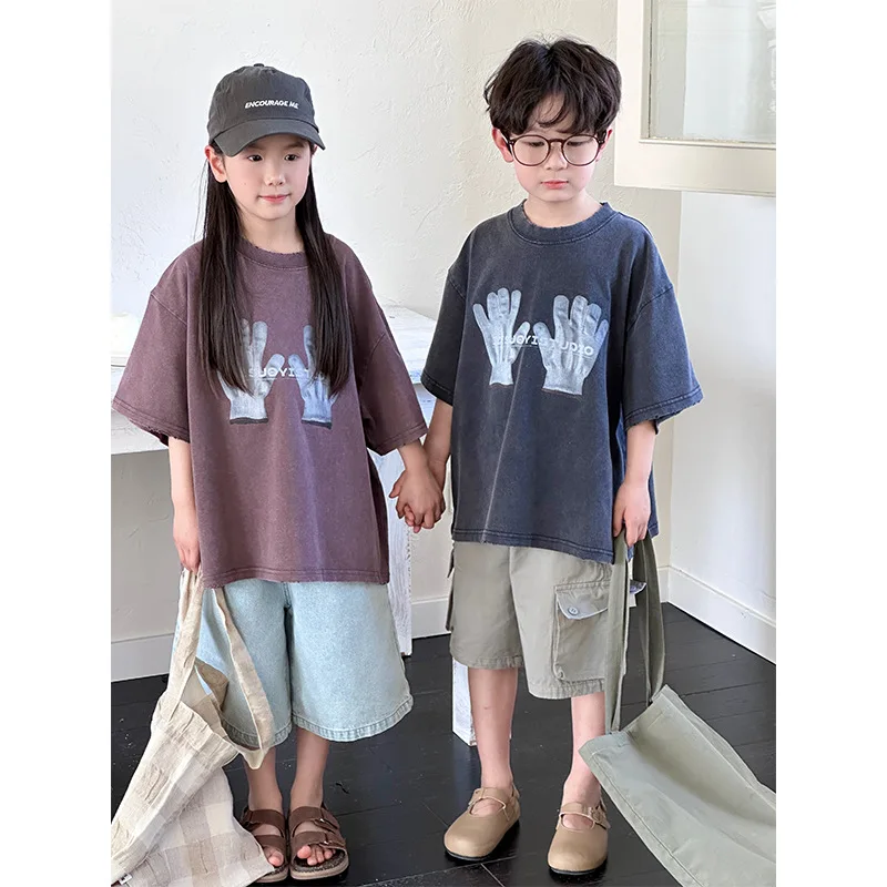 

2024 Summer New Korean Edition Kid's Short Sleeve Trendy and Handsome Children's Wear Glove Print Pattern Round Neck T-shirt