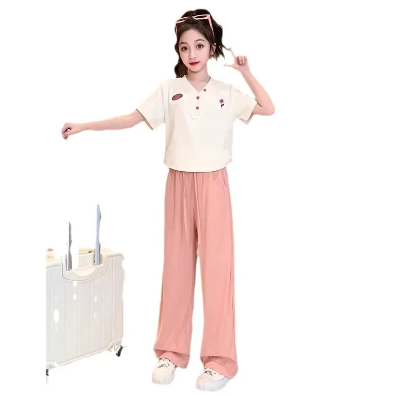 Girls' Summer Suit Thin Polo Short-sleeved Top + Wide-leg Pants 2-piece Suit for Casual and Simple Outerwear Children's Sets